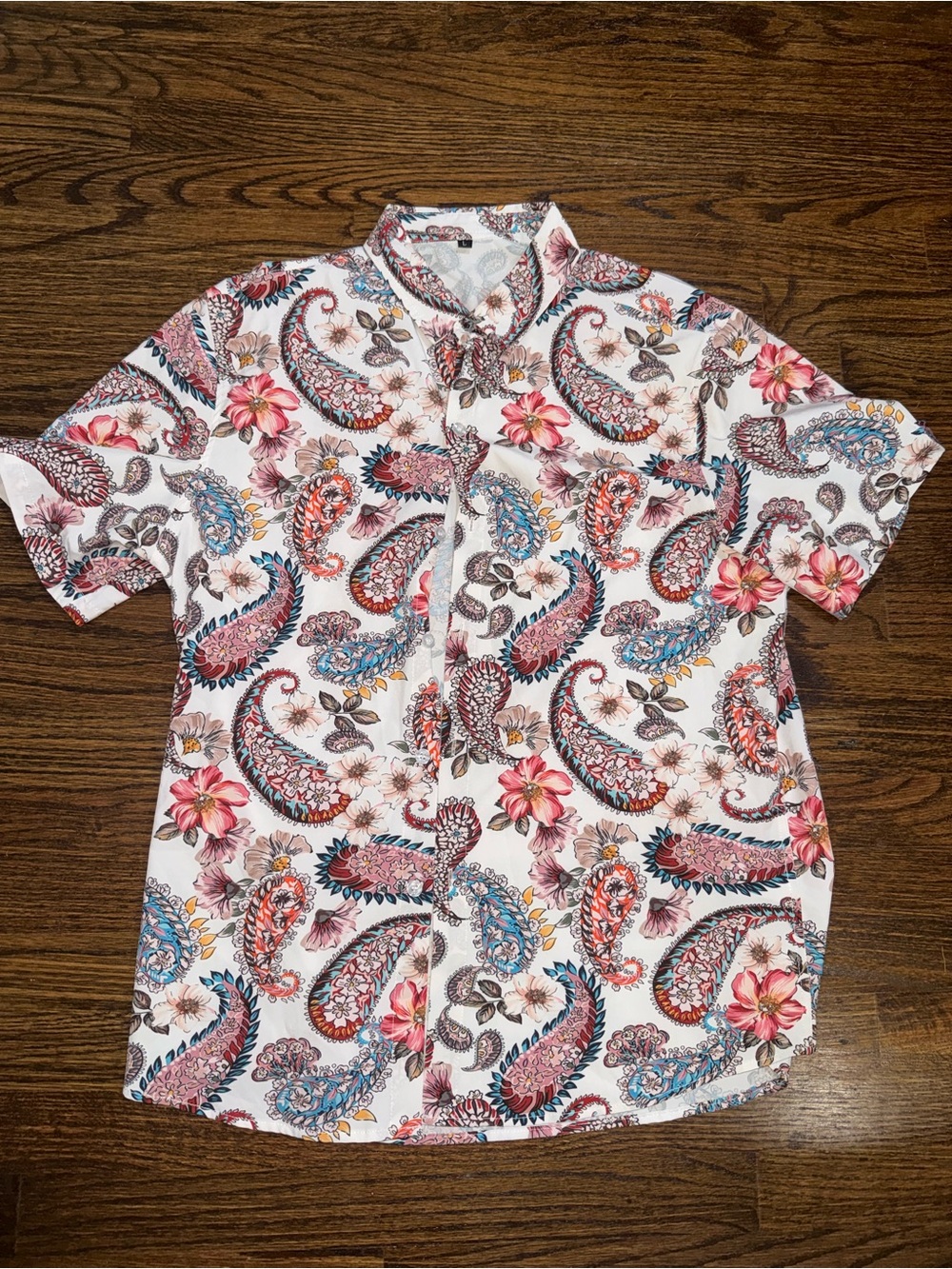 Men's White Short-Sleeve Paisley Floral Button-Up Shirt